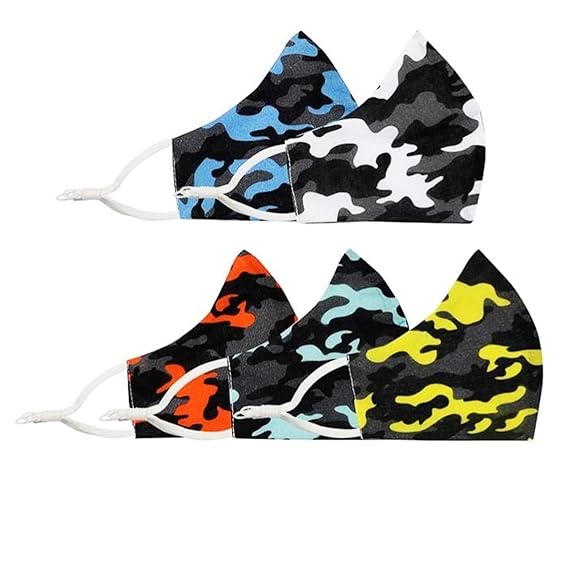 Baby Jalebi Kids Masks Camo Super Soft Organic Cotton 3Ply Masks Set of 5 Masks With Extra Comfortable Stretch Jersey Elastic Ear Loops For Kids