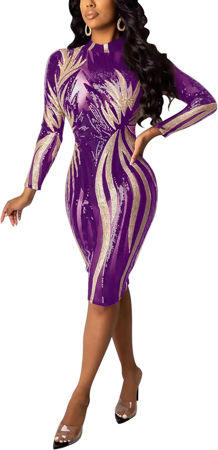 PORRCEY Women's Sexy Elegant Sequins Mesh See Through Bodycon Birthday Party Club Night Mini Dress
