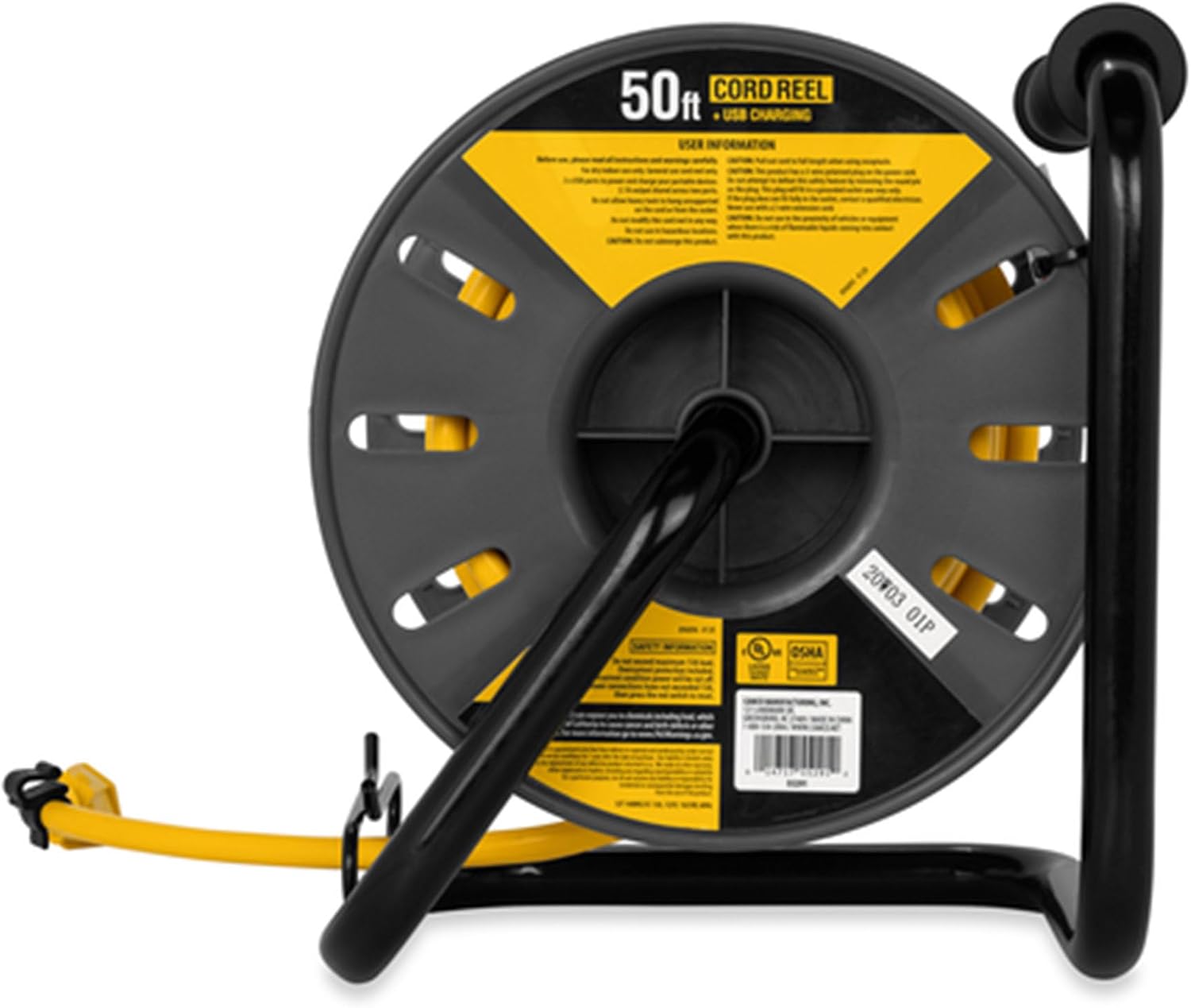 Camco 50-Ft 13 Amp RV Extension Cord Reel - Rated for 125V / 1,625W - Features 4 125V Electrical Outlets & 2 USB Ports - Includes On/Off Switch & Built-in Circuit Breaker (55291)
