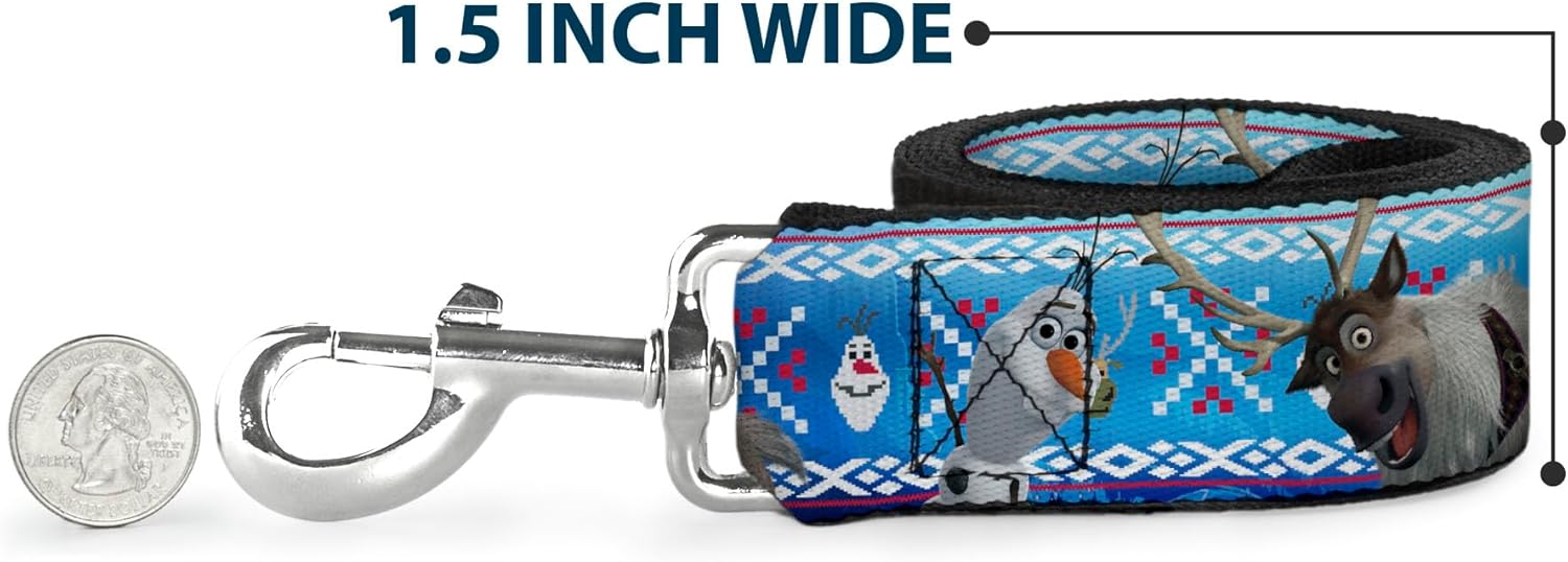Buckle-Down Pet Leash - Olaf/Snowflakes Stitch Blues/White - 6 Feet Long - 1" Wide