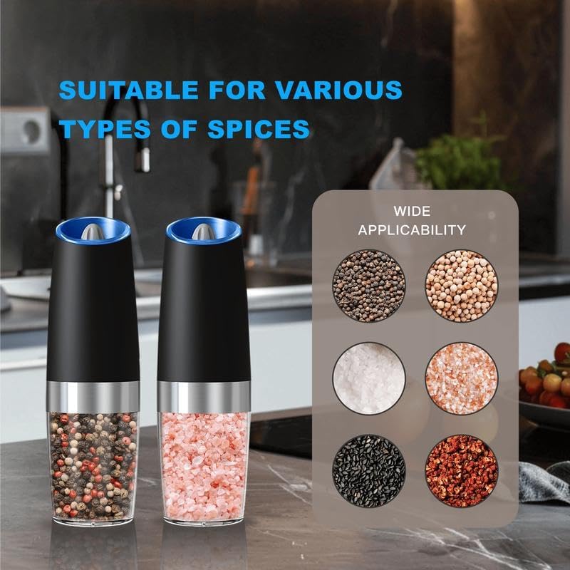 1/2-piece electric salt and pepper grinder set, adjustable for coarseness,large capacity automatic salt and pepper grinder, suitable for kitchen use. (2, Black)