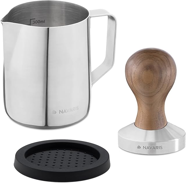 Navaris Coffee Tamper Set - Milk Jug and Stainless Steel Espresso Press with Walnut Handle for Coffee - 51mm Coffee Ground Compressor