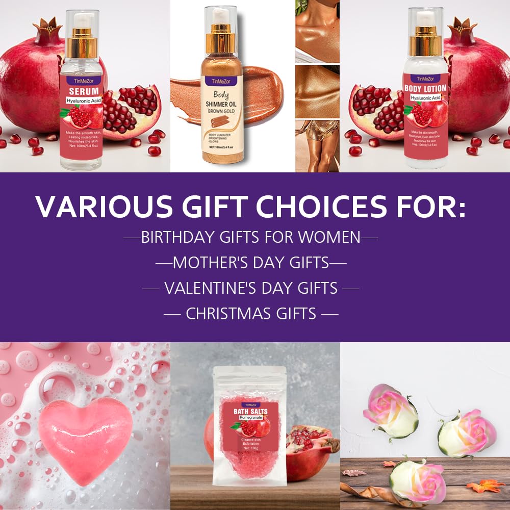 Pomegranate Skin Care Set,Skincare Gift Set With Body Shimmer Oil,Serum,Body Lotion,Sea Salt,Soap Flower- Christmas Set For Women,Bath Gift Set for Women,Bath And Body Gift Set