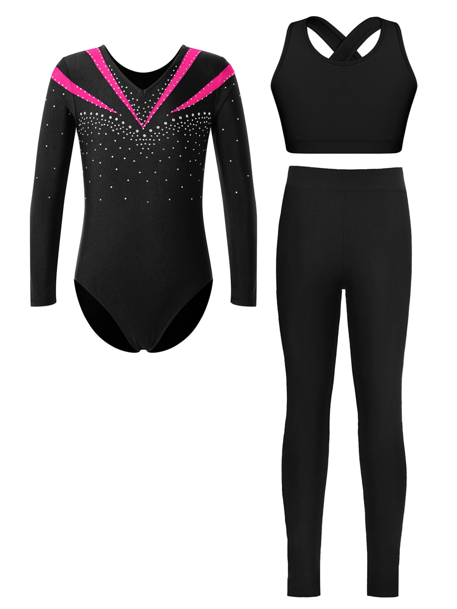 Piezas De Traje De Gimnasia Con Destellos Para Niñas Leotardos De Gimnasia De Manga Larga Tops De Deporte Brasier Y Pantalones Traje De Baile Para Rosa oscuro 11-12 años