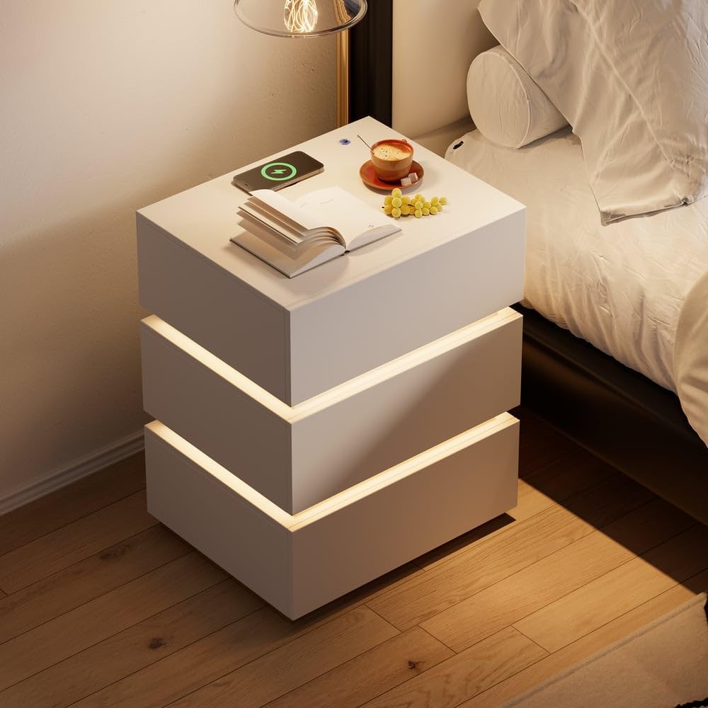 homary Comodino moderno con stazione di ricarica wireless, comodino con 3 cassetti, comodino bianco con luce LED