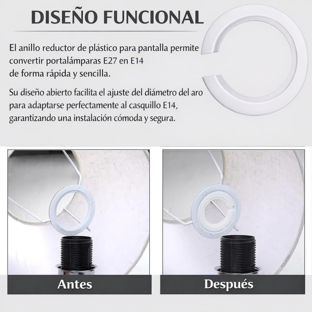 Anillos Reductores para Pantalla – Pack 5 Unidades 42 mm a 29 mm, Adaptador Pantalla Lámpara E27 a E14, Convertidor Portalámparas, Plástico Resistente Blanco, PUNTO ES LIGHTING