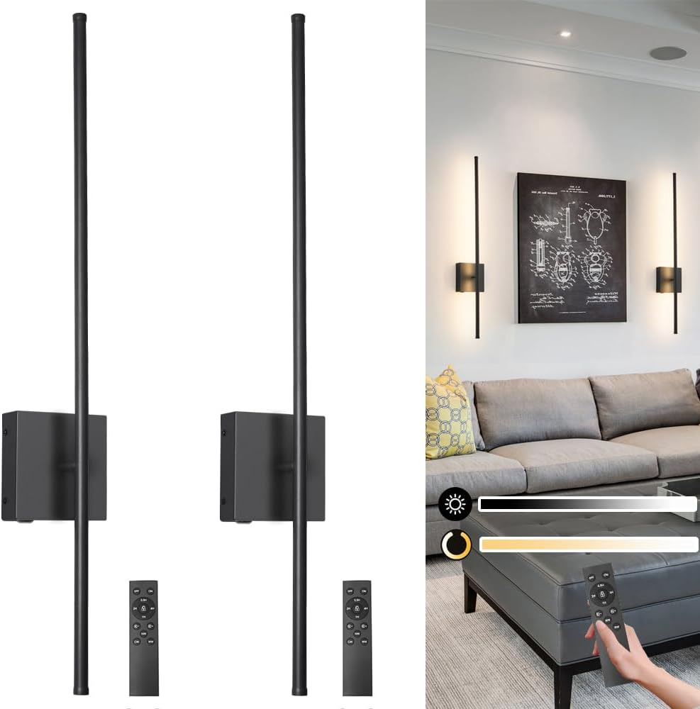 Battery Operated Wall Sconce Set of 2, Black USB Rechargeable Sconces Wall Deco Set of Two, Dimmable Cordless Wall Sconce with Remote Control, LED Wireless Wall Lighting,31.6 in 31.6in-wireless Black