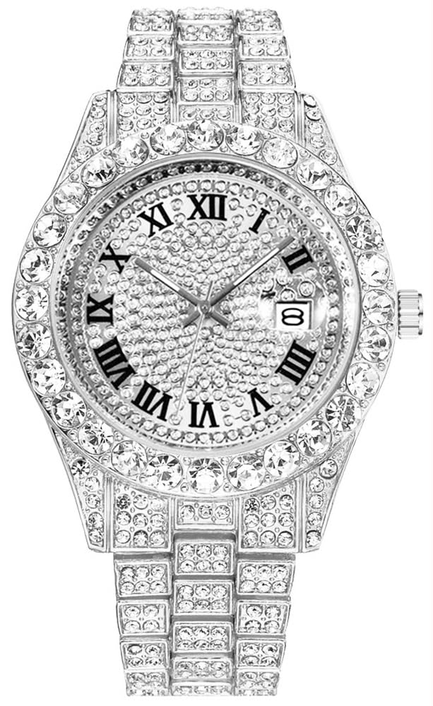Hip Hop Watches for Men Iced-Out Bling Diamond Luxury Quartz Watches with Date