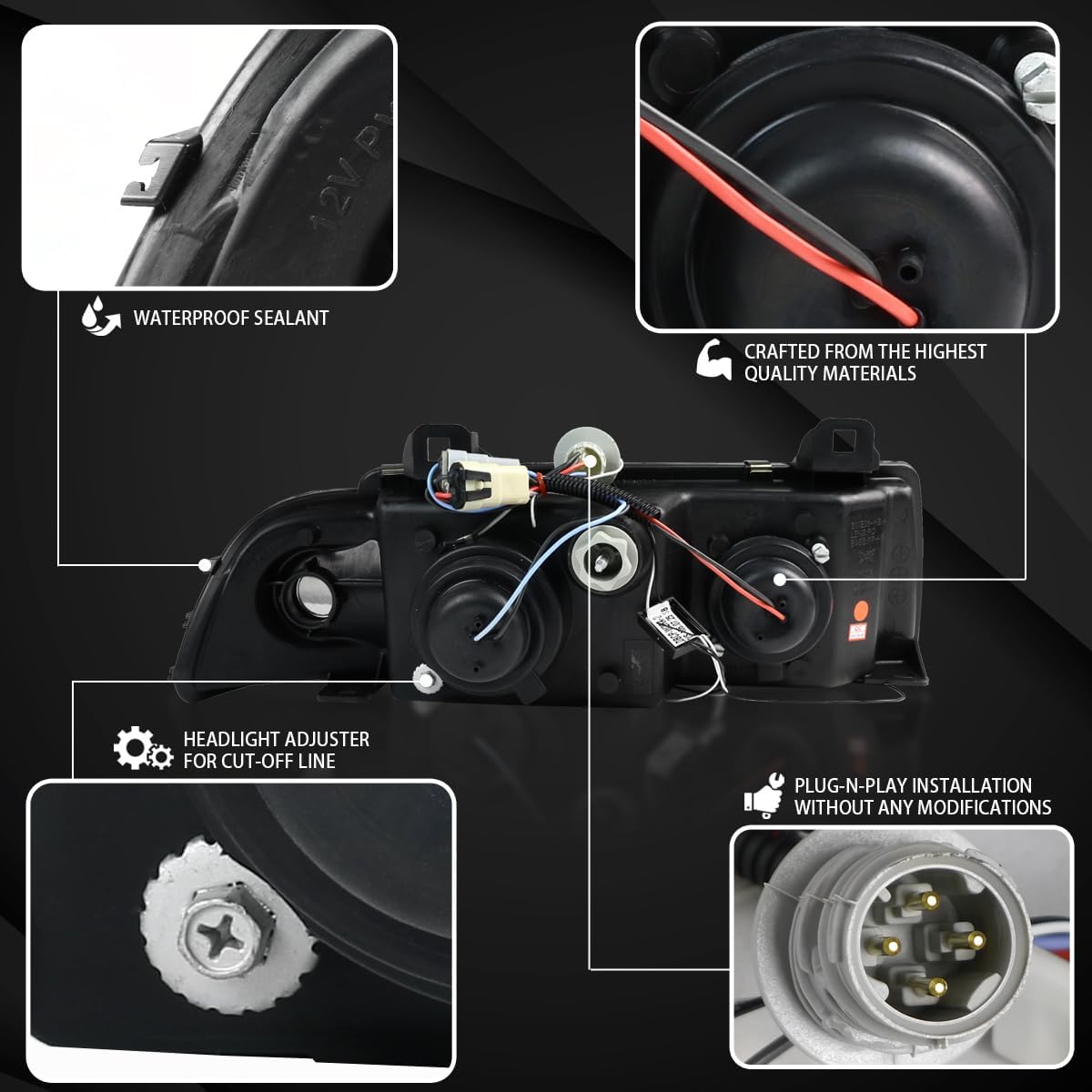 Autozensation Compatible with 1992-1998 BMW E36 3-Series 2dr Coupe/4dr Sedan, Left + Right Pair Headlamps Assembly, Dual Halo Black Projector Headlights