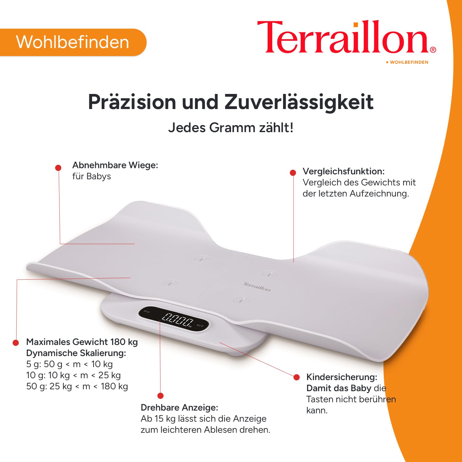 TERRAILLON - Baby Fit – Elektronische Babywaage 2-in-1, abnehmbare Babywanne, Gewichtsvergleichsfunktion, Kinderverriegelung, Skala 5-10-15 g, Kapazität 180 kg, Hülle inklusive, Weiß