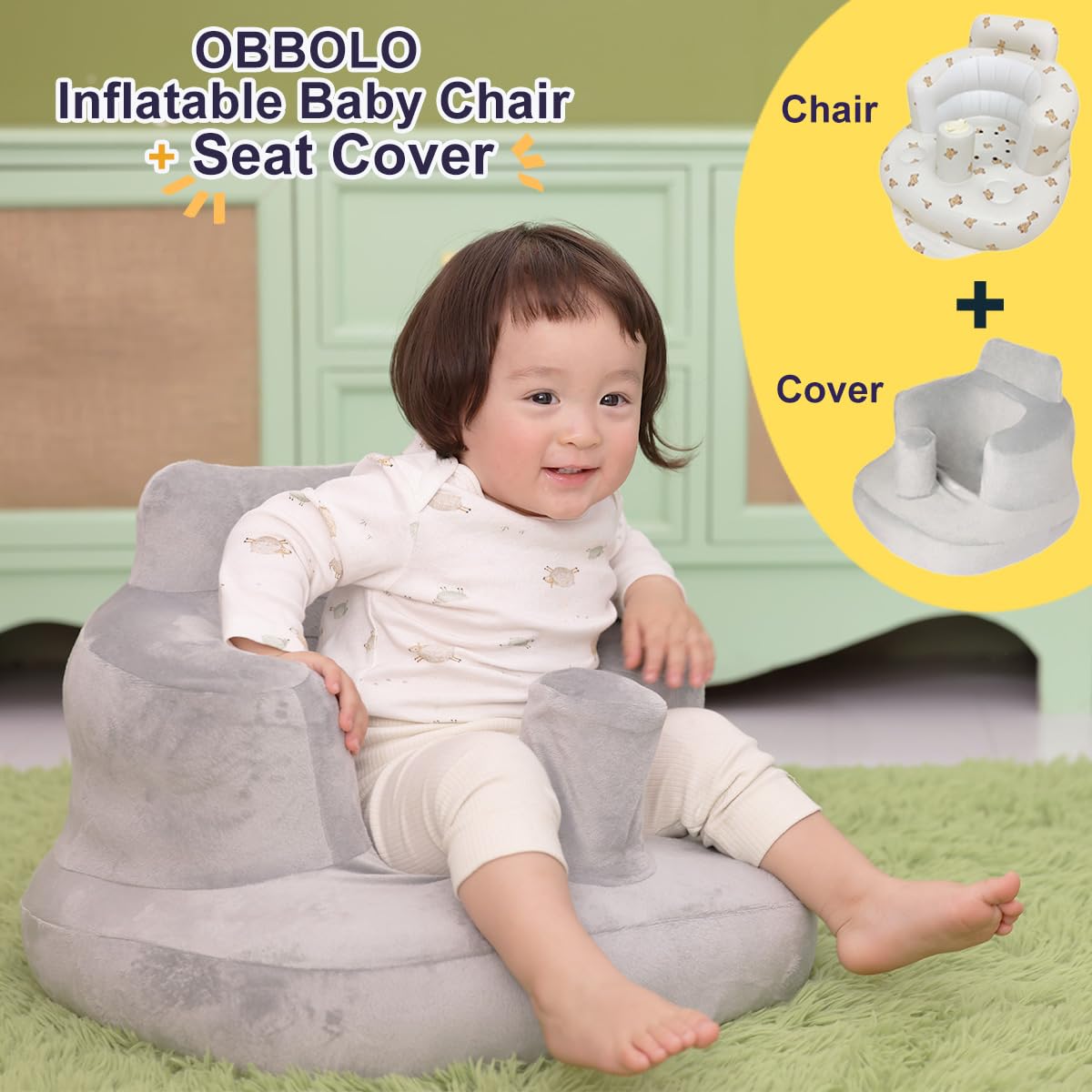 OBBOLO Inflatable Baby Seat with Breathable Cover for Babies 3 Months and Up,Inflatable Infant Chair,Blow Up Baby Chair,Infant Sit Up Chair