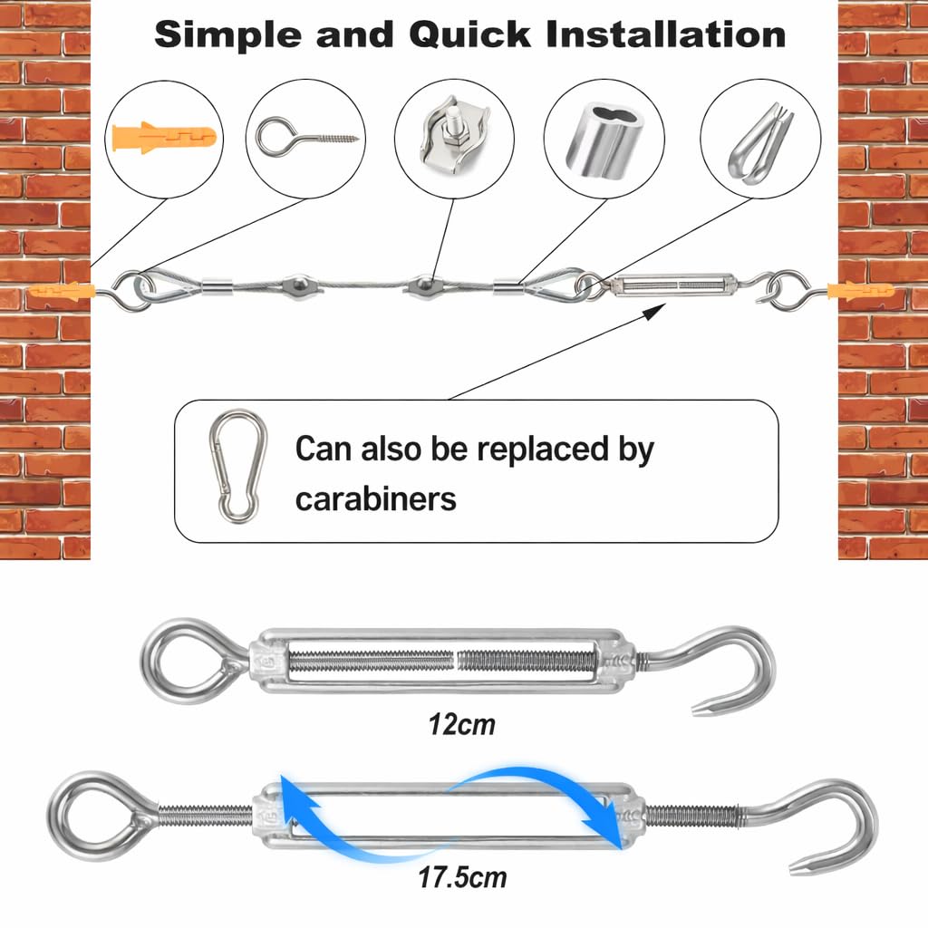 Cieex Kit Câble Acier 3mm 36m – Corde Acier Gainé PVC + Tendeurs – Fil de Fer pour Corde à Linge Extérieur, Fixation Voile d’Ombrage, Plantes Grimpantes, Clôture – Résiste à la Rouille