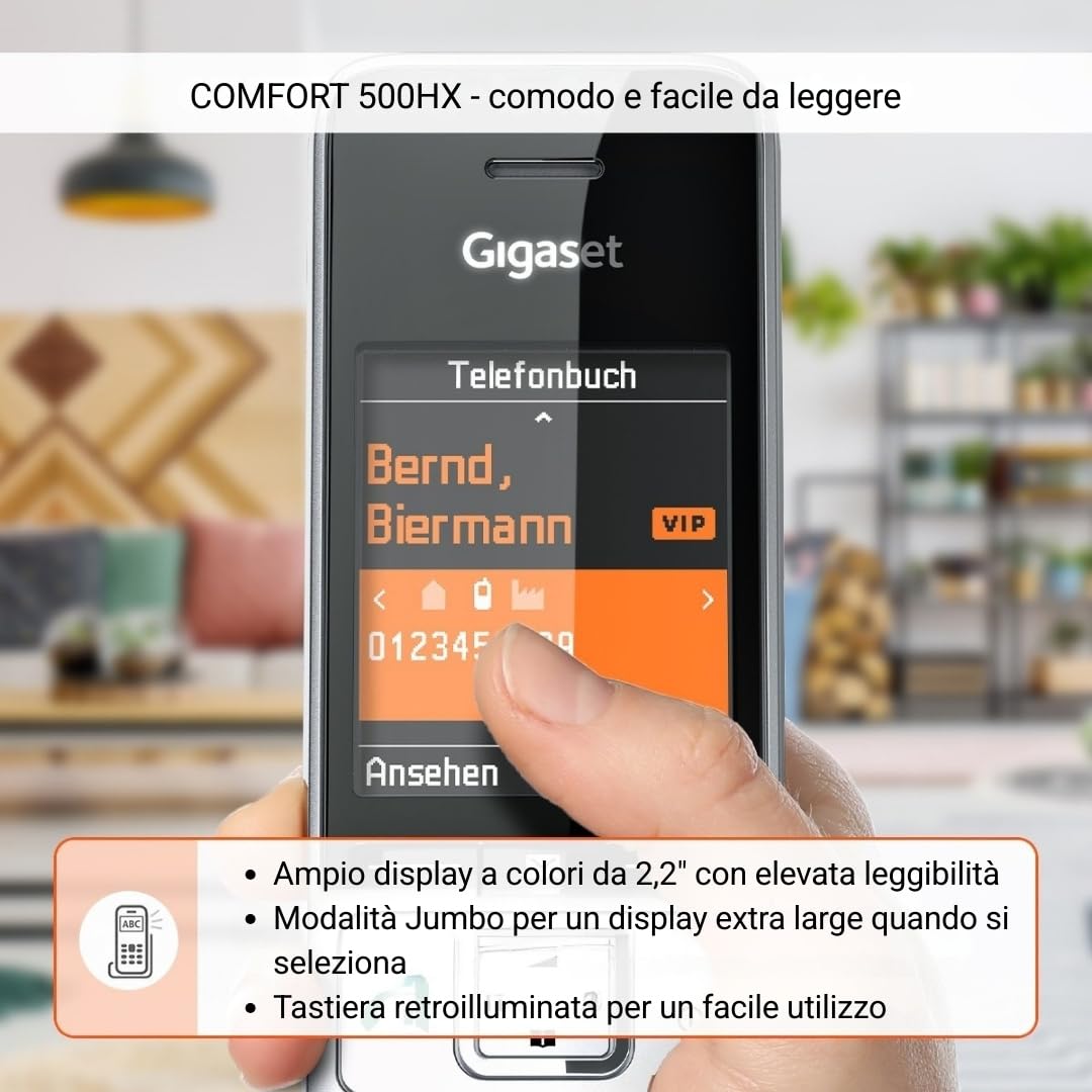 BasicLine IP + COMFORT 500HX – Base per telefonia via Internet, abbinata a un ricevitore HX, qualità vocale HD, Made in Germany, argento-nero [Compatibile in DE, IT, FR, NL, BE, ES, CHE]