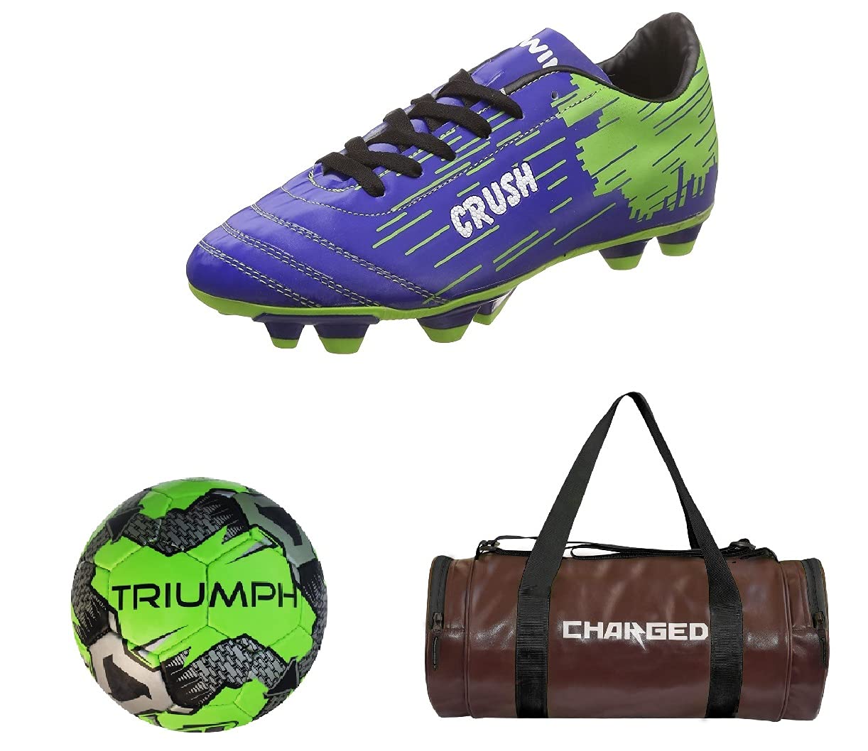 Charged Sports Bag Artize Brown With Gowin Football Shoe Crush Blue Green Size-6 And Triumph Football Pvc Boss Green