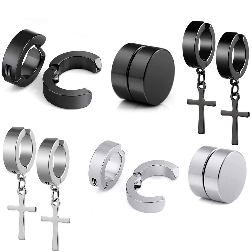 Haosell Juego de 6 pares de pendientes de acero inoxidable sin perforación, color negro y plateado