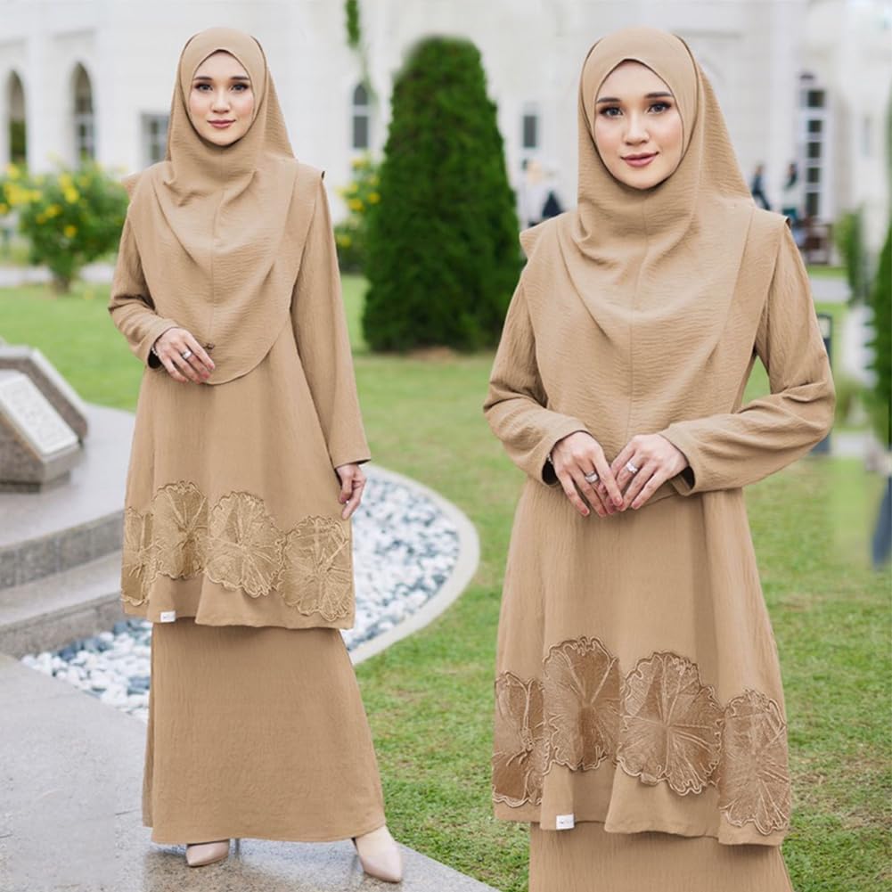 ODIZLI Women's Muslim Three-piece Outfits Long Sleeve Lace Top Abaya and Ruffle Skirt with Hijab Islamic Dubai Kaftan
