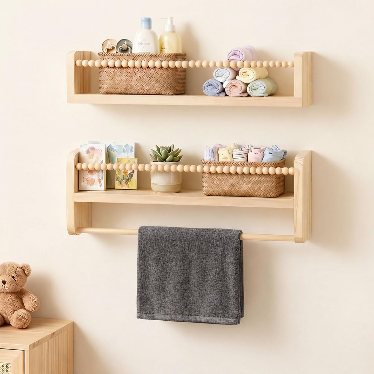 Set of 2 Floating Book Shelf for Wall, Natural Solid Wood Wall Mounted Shelves with Beaded Bar, Hanging Bookshelves for Bedroom, Living Room & Home Office Display (Hanging Rod Set)