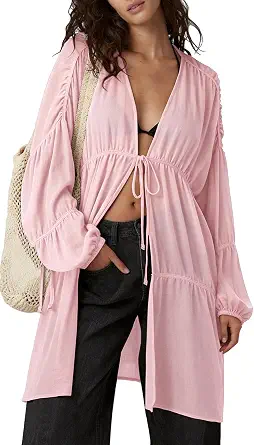 TARSE Women's Slouchy Linen Kimono Duster Tie Front Coverups with Pockets