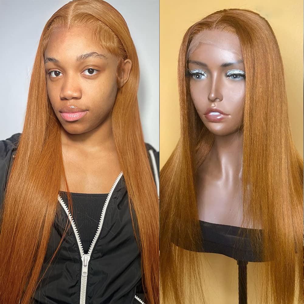 Ginger Brown #30 Colored Lace Front Wigs Human Hair Straight Light Brown Colored 13x4 Transparent HD Lace Frontal Human Hair Wig Pre Plucked Honey Blonde Wig with Natural Hairline 22 Inch