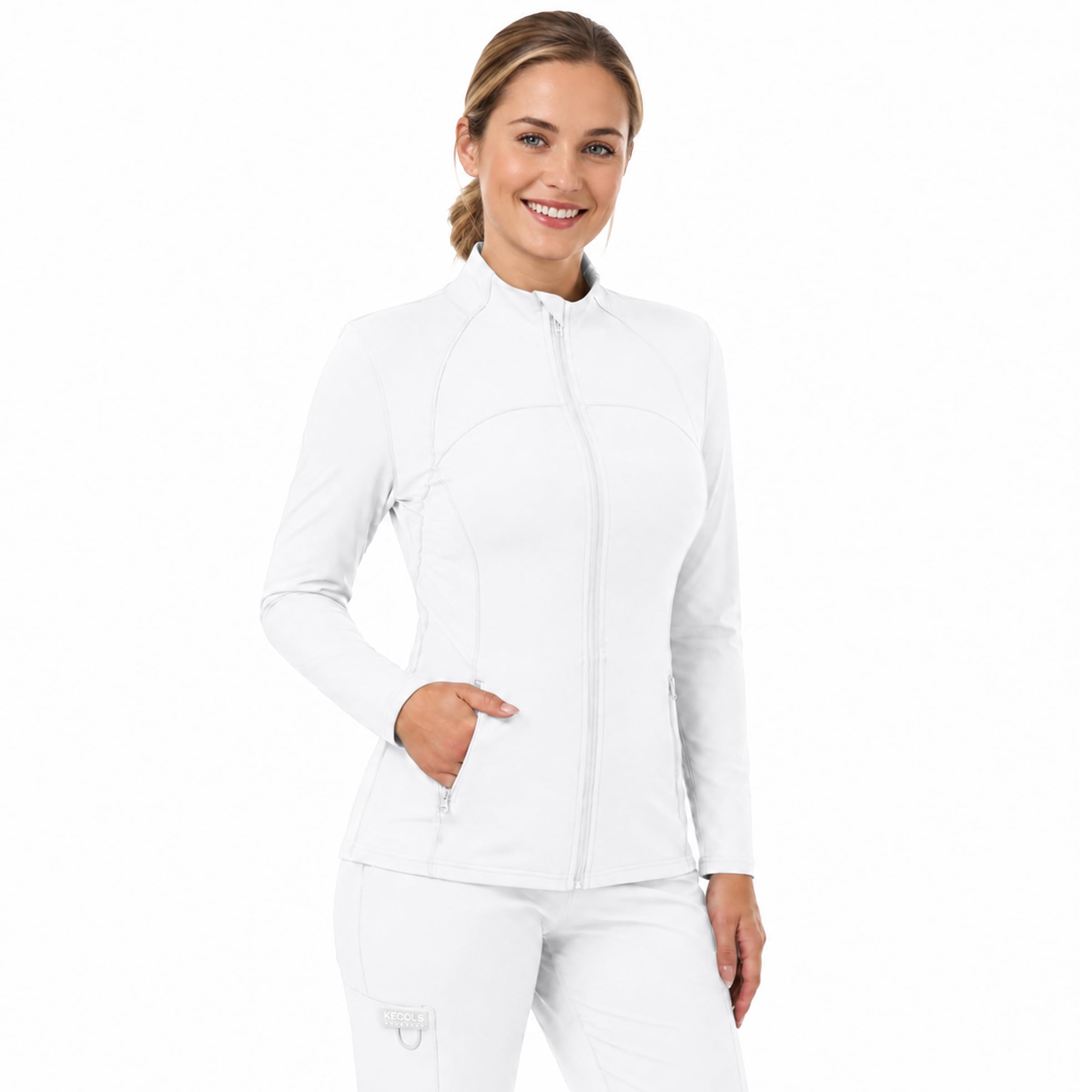 Womens Scrub Jacket, Slim Fit Zip Front Nurse Coats with 4 Pockets