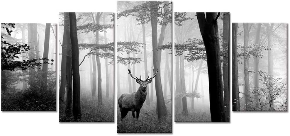 Welmeco5 Pieces Animals Wall Decor Black and White Deer in Autumn Forest Canvas Prints Artwork for Home Office Nature Scenery Living Room Bedroom Decoration