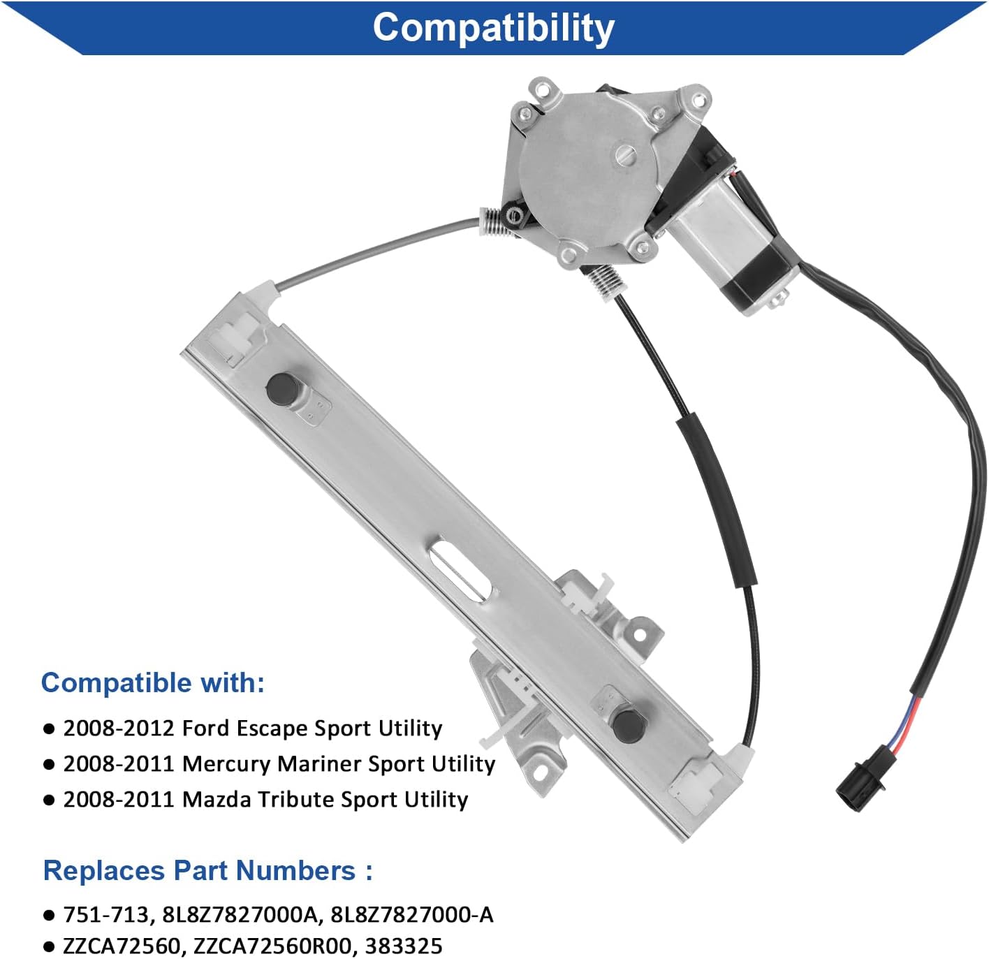 Obaee 751-713 Rear Right Passenger Side Power Window Regulator with Motor Compatible with Ford Escape 2008 2009 2010 2011 2012, Mercury Mariner, Mazda Tribute 2008-2011, Replace OE 8L8Z7827000A