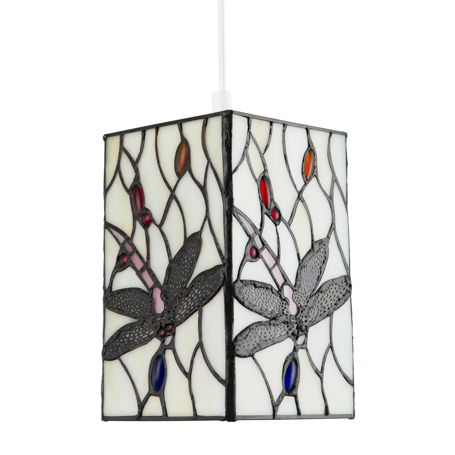 Happy Homewares White Traditional Opal Stained Glass Dragonfly Rectangular Tiffany Pendant Light Shade | 20Cm X 13Cm | Oval And Round Beads By