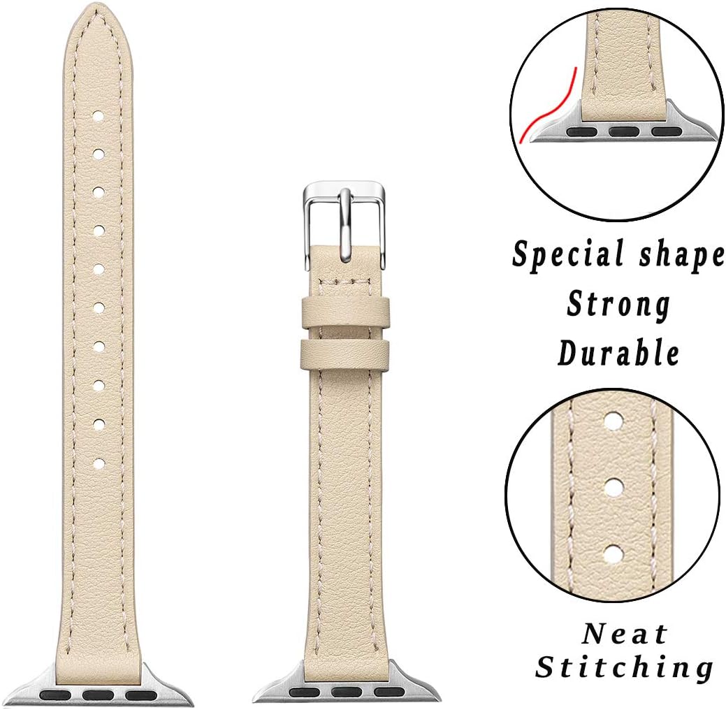 SUNFWR Compatible with Apple Watch Strap 42mm 44mm 45mm,Genuine Leather Strap Replacement,Slim&Thin Wristband for iwatch Series 7/6/5/4/3/2/1,SE(42mm 44mm 45mm,Lvory white&Silver) - Image 3