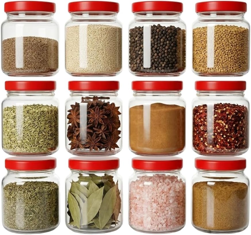 CROCO JAR Glass Storage Jars - Set of 12, 500ml Round Airtight Containers with Red Lids – Ideal for Kitchen Organization, Pantry, and Food Storage