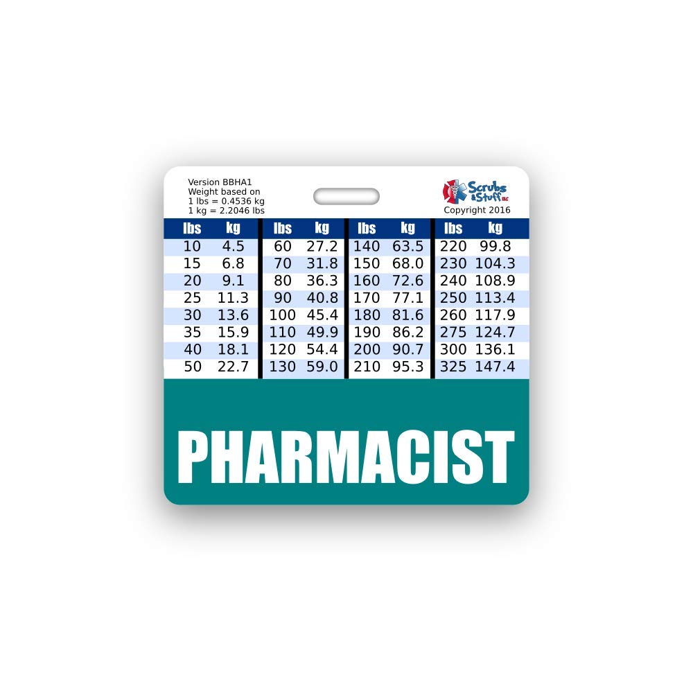 Pharmacist Badge Buddy Horizontal w/Height & Weight Conversion Charts (Standard, Teal)