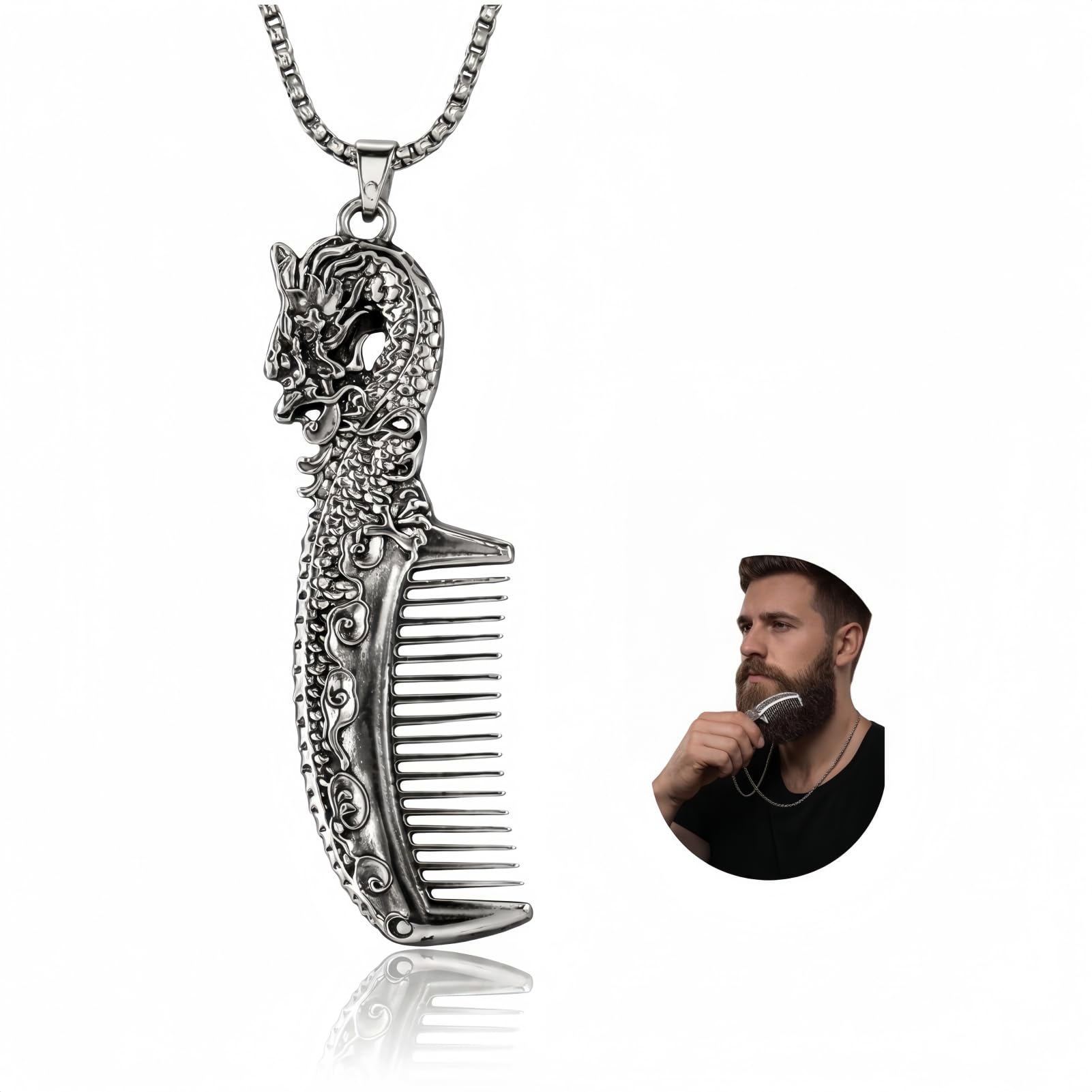 Vintage Alloy Stainless Steel Mustache Comb Necklace for Men, Dual-Sided Fine & Wide Teeth Beard Comb, Waterproof Portable Grooming Tool, 2-in-1 Comb Pendant for Mustache & Beard Care
