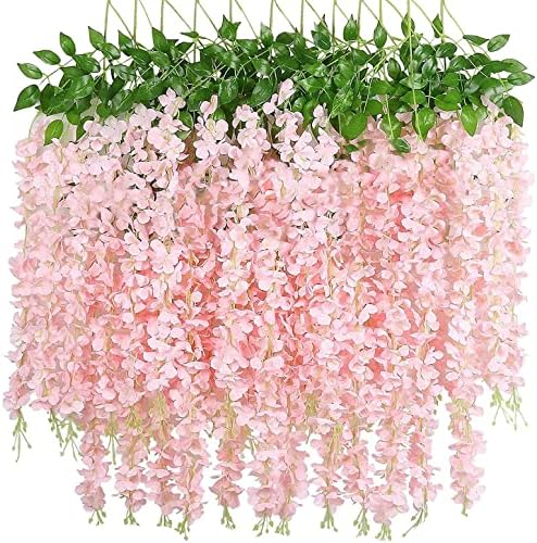 SHEANDFLORA 12 Pack Wisteria Flower, Artificial Flower, Wisteria Hanging Flower Vines, Fake Flowers, Silk Wisteria Garland, Fake Wisteria Strings for Wedding, Garden, Wall Decoration (Peach)