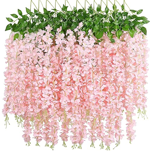 Sheandflora 12 Pack Wisteria Flower, Artificial Flower, Wisteria Hanging Flower Vines, Fake Flowers, Silk Wisteria Garland, Fake Wisteria Strings For Wedding, Garden, Wall Decoration (Peach) #TOP14