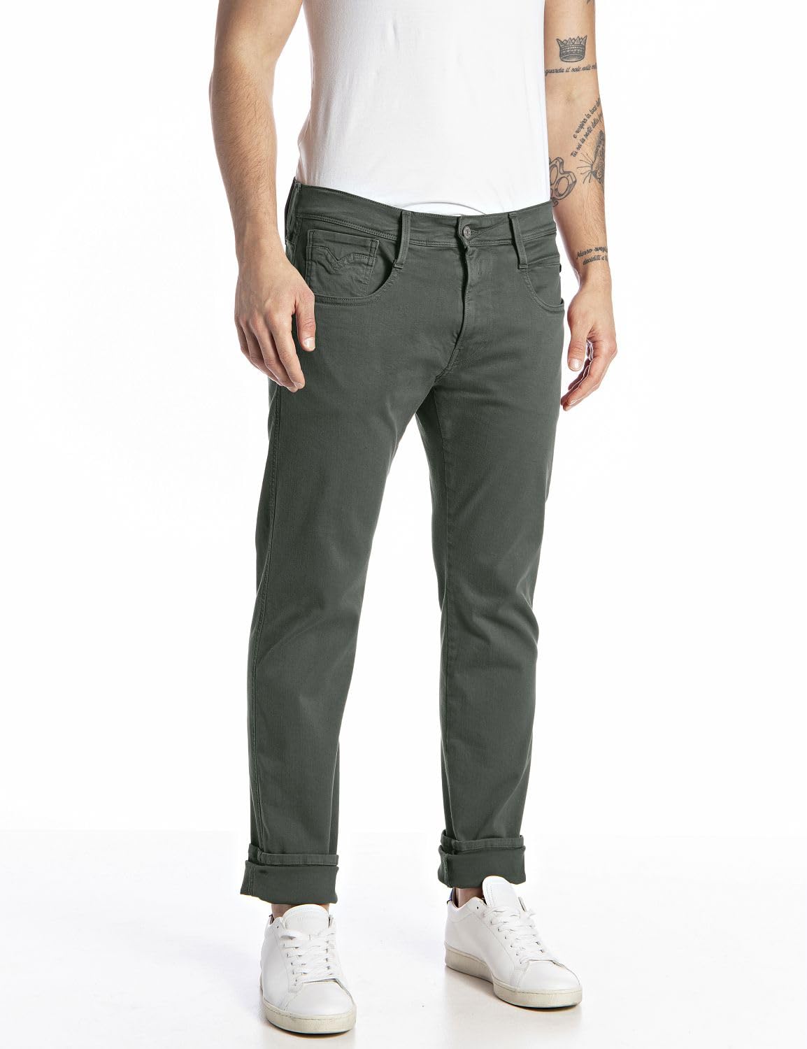 Replay Herren Jeans Anbass Slim-Fit Hyperflex Colour X-Lite mit Stretch, Grün (Military Green 030-1), 36W / 32L