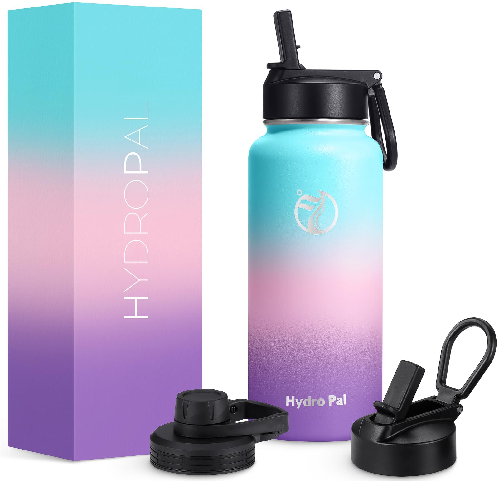 HydroPal Edelstahl Trinkflasche - 750ml/ 1L/1.2L/1.9L, BPA-Frei, Kohlensäure geeignet, Isolierte flasche mit Strohhalm & 2 Deckel