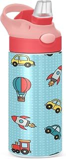 Cars Rockets Balloons Insulated Water Bottle with Straw Handle for Kids 12 OZ Boats Trains Planes Stainless Steel Vacuum Insulated Cup for Hot and Cold Drinks Travel Tumbler for Toddler Girls