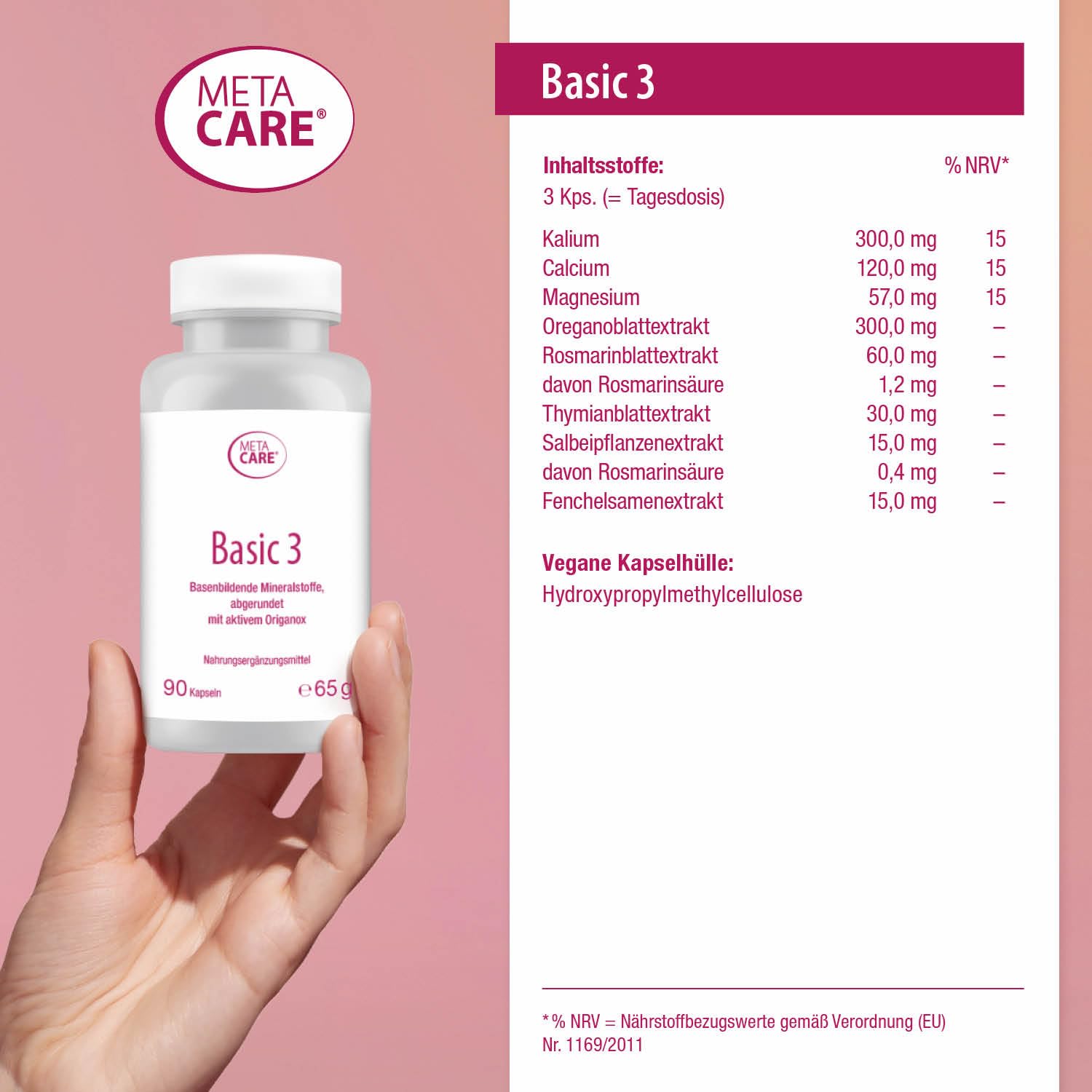 Basic 3 - Basische Mineralstoffe mit ausgewählten pflanzlichen Extrakten - Ideal zur gezielten Basenzufuhr - Abgerundet mit aktivem Origanox - 90 Kapseln