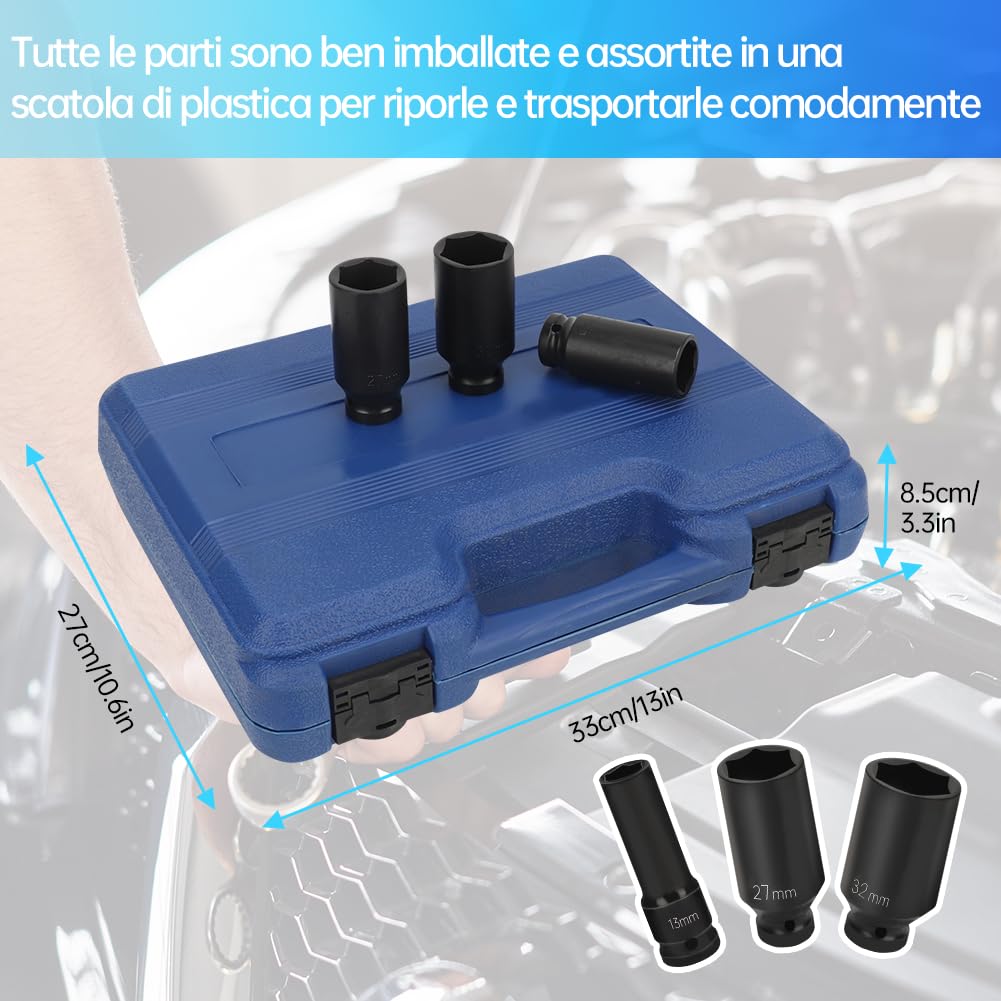 Set 16 Bussole A Impatto 1/2" Per Avvitatore A Percussione, Acciaio Cr-Mo, Per Dadi Ruote E Bulloni Danneggiati