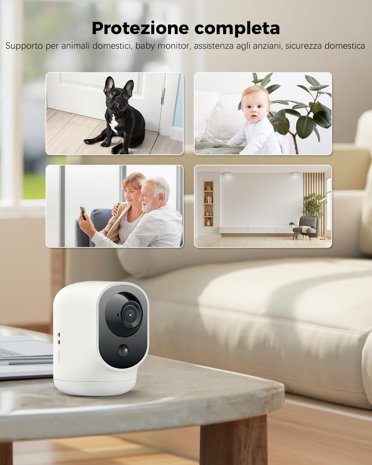 COCOCAM 2K Telecamera WIFI Interno Senza Fili con Batteria 5200mAh, 355°P 90°T Wireless per Baby Monitor per Animali Assistenza Agli Anziani, Riconoscimento AI, PIR Rilevamento Umano (1, Bianco)