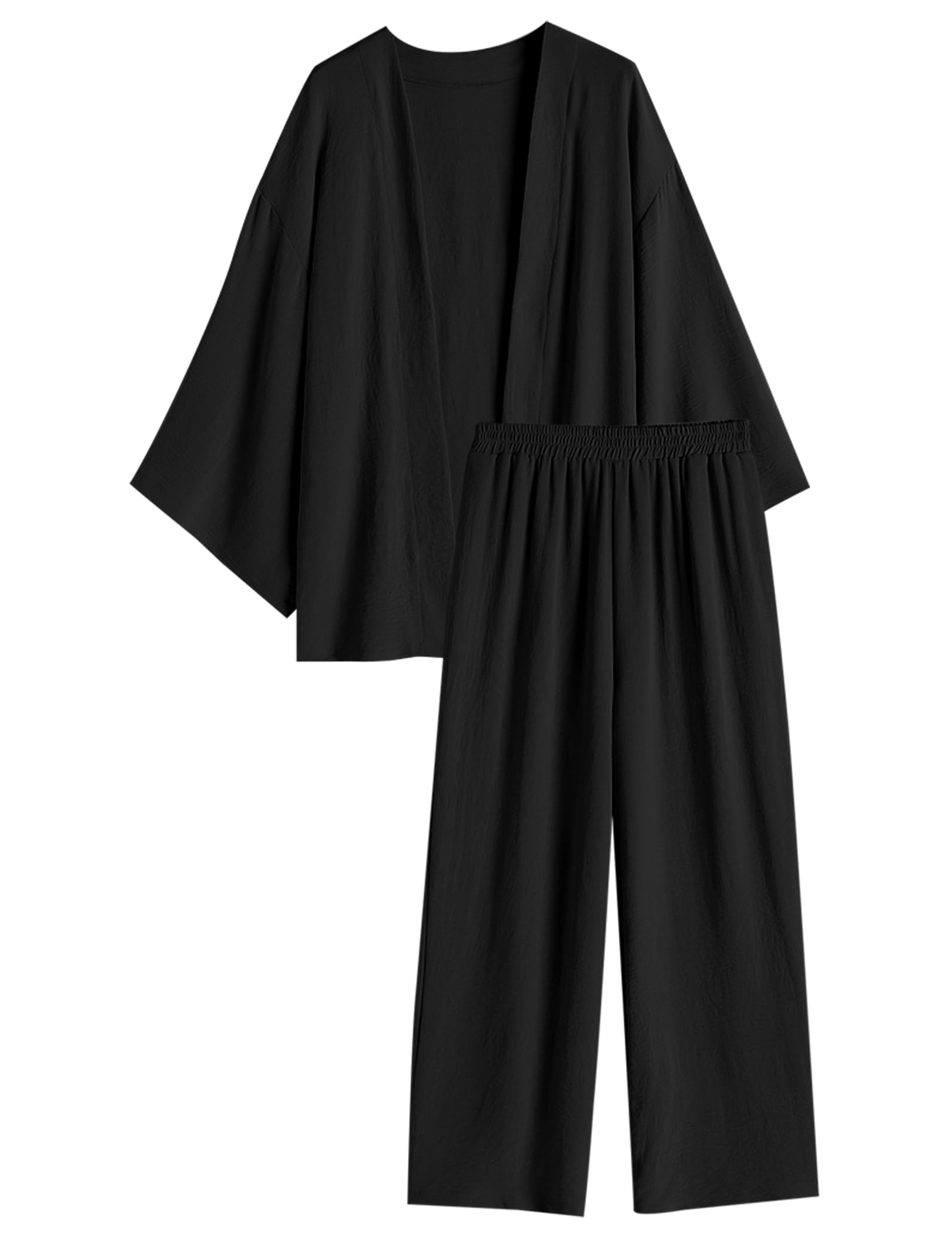 ZAFUL Womens 2 Piece Linen Outfits Loungewear Open Front Long Sleeve Shirt And Wide Leg Pants Set (Classic Black L)