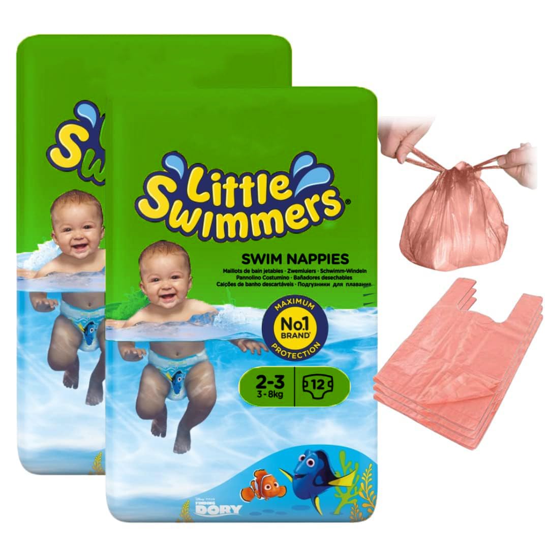 Swim Nappies Size 2-3, with Nappy Bags for Swim Nappy, Little Swimmers, Disposible Swimming Nappies for Babies (3-8kg) x 24 - Waterproof Nappies Great for Summer, Indoor, Outdoors Pools