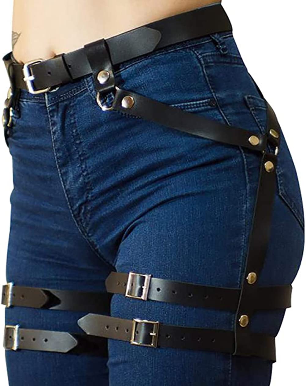 Pinwe Women's Th05 Leather Body Harness Strappy Lingerie Punk Garter Adjustable Clothing Waist Leg Cincher Cage Belt(Black05)