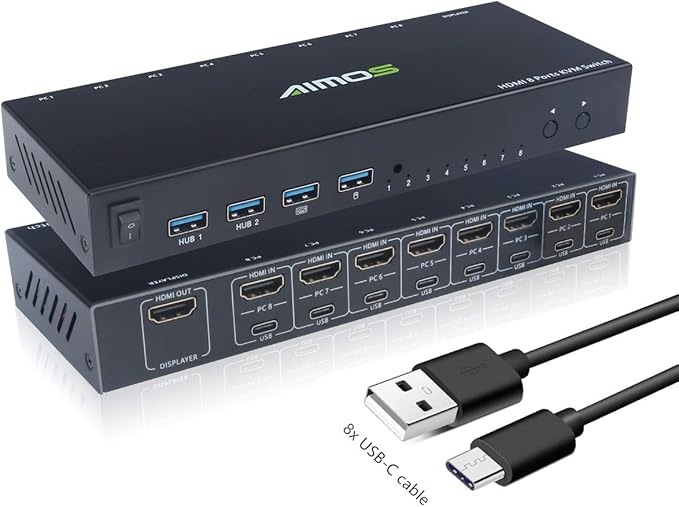 AIMOS KVM Switch, HDMI USB Commutatore 8 Porte 4K Risoluzione con Hub