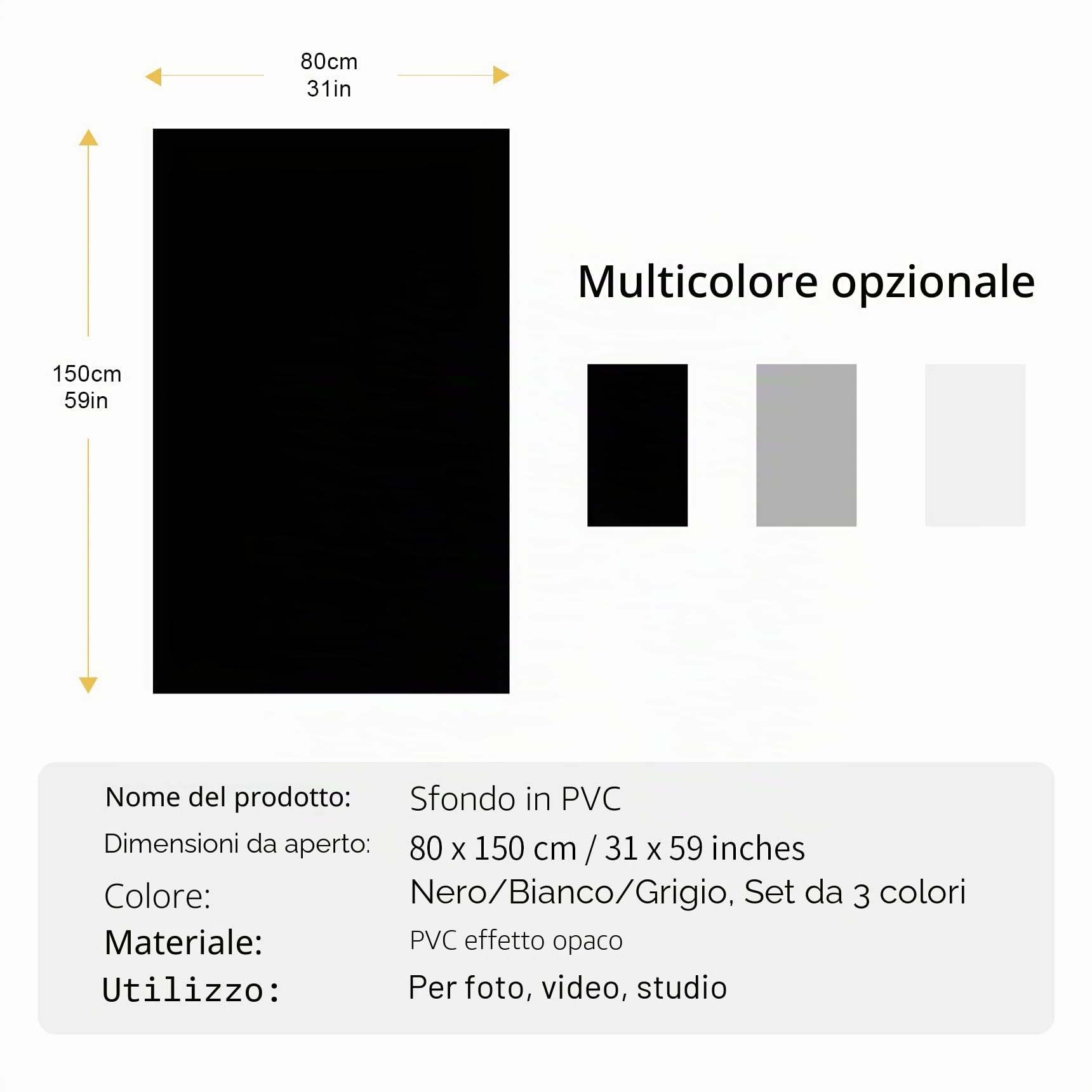 Selens Fondale in PVC vinile per fotografia e video, set per studio fotografico, piatto, per shooting di cibo e prodotti, 80 x 150 cm, bianco, nero, grigio