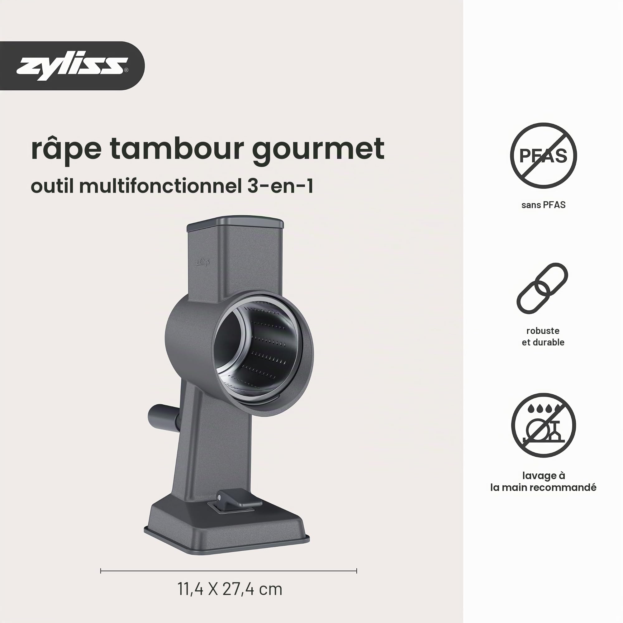 Zyliss Râpe à Fromage Rotative Gourmet avec Manivelle, Aluminium, 3 Tambours en Inox, Râpe à Fromage, Légumes, Chocolat, Carotte, Ventouse Antidérapante et Fixation de Table, Rapeuse Legume Manuelle