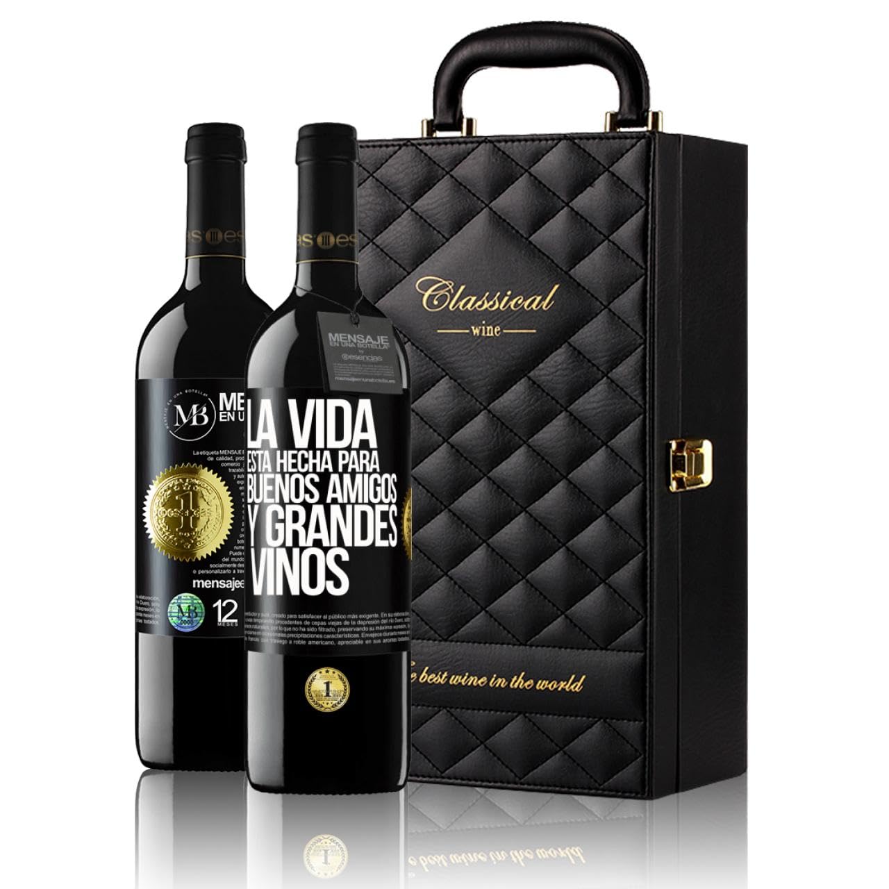 «La vida está hecha para buenos amigos y grandes vinos» Mensaje en una Botella. Estuche-Maletín de LUJO 2x Vino Tinto Premium Reserva 12 Meses y Set de 4 Accesorios. Etiqueta Negra PERSONALIZABLE