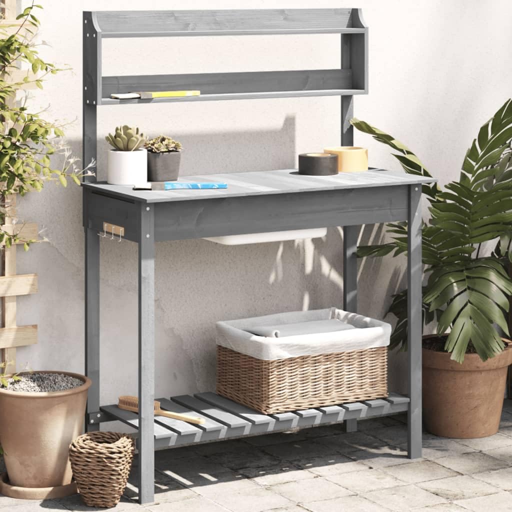 vidaXL Mesa para macetas con Fregadero Abeto Gris 147,5x44x139,5 cm, Mesa de plantación, Banco para macetas, Banco para macetas al Aire Libre