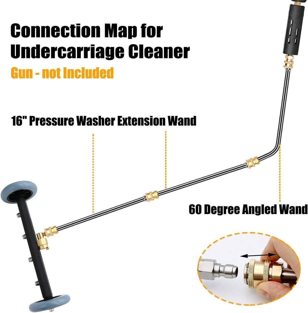 Limpiador de alta presión de 16 pulgadas, limpiador de debajo del suelo, accesorio con 2 varillas de extensión y 1 varilla angular de 60°, 4 boquillas estándar y 4 boquillas de expansión, hasta 4000