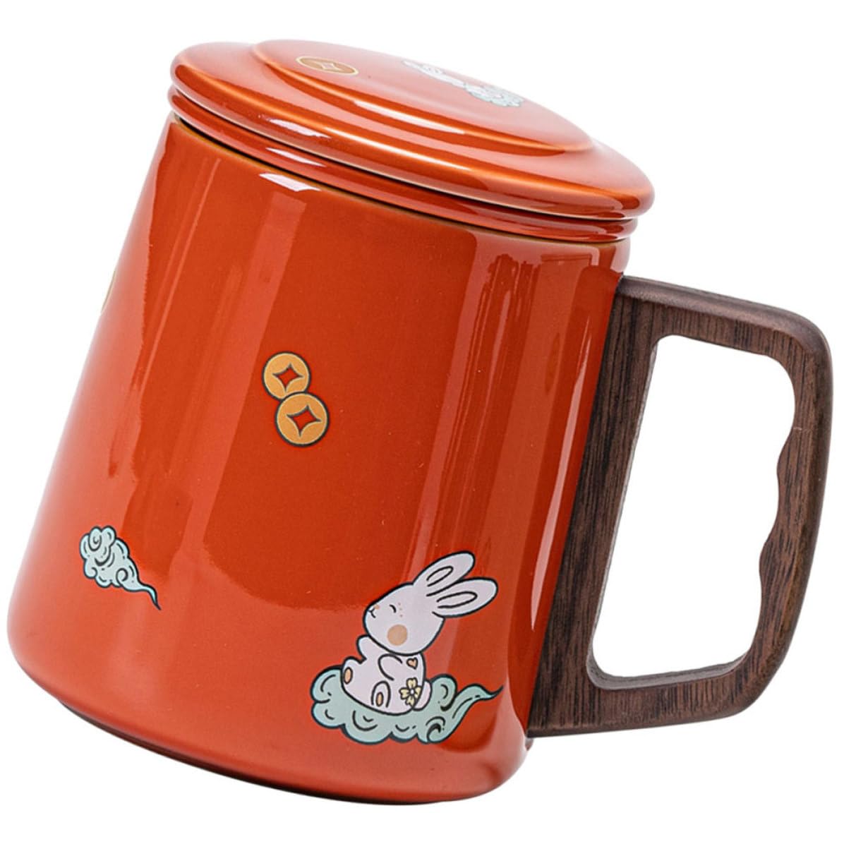 Uonlytech Tazza da Tè in Ceramica 400ml Rossa con Infusore e Coperchio