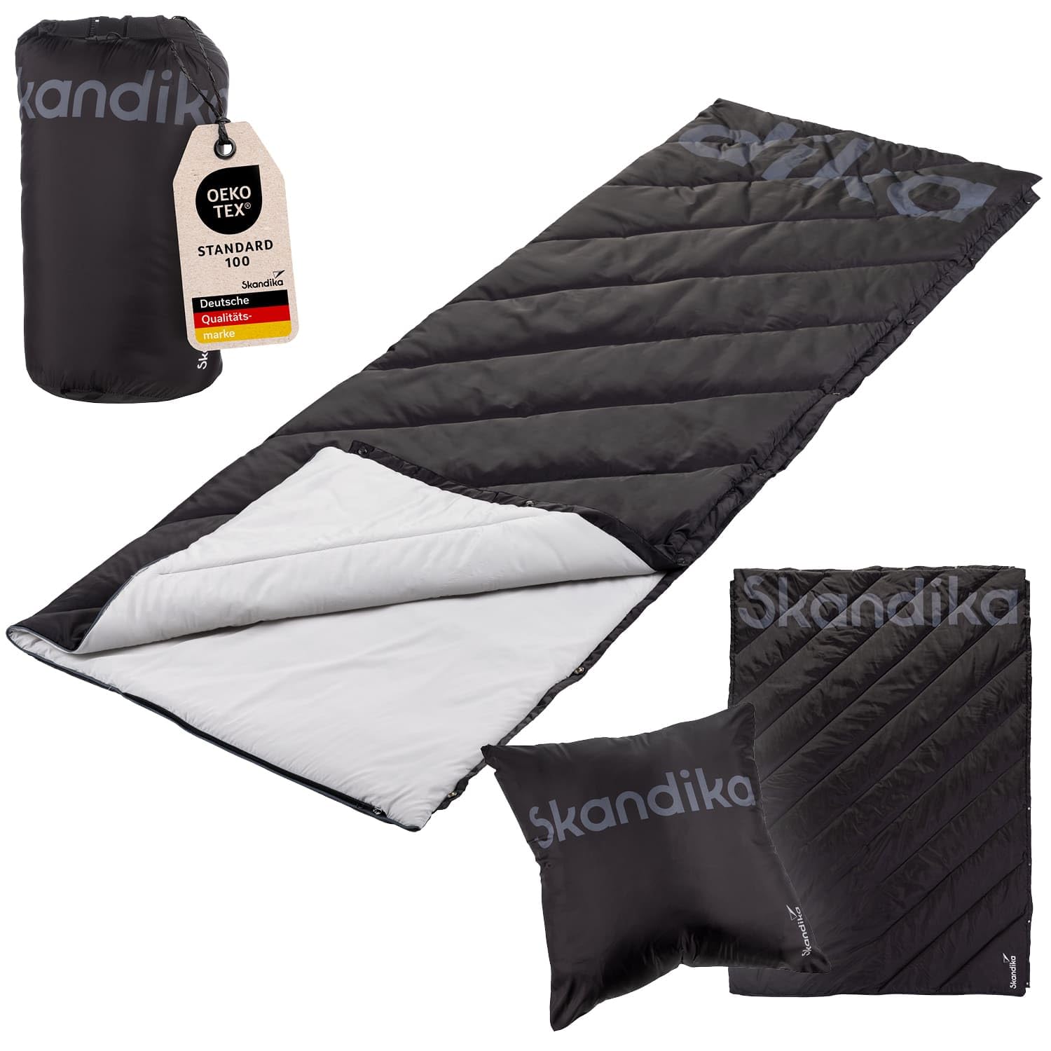 Skandika Koc kempingowy Liva | koc outdoorowy 4 w 1, 200 x 135 cm, narzuta, śpiwór, poduszka, z pluszowym futerkiem lub nylonowym spodem, watowanie z poliestru, wodoszczelny (czarny, nylon)